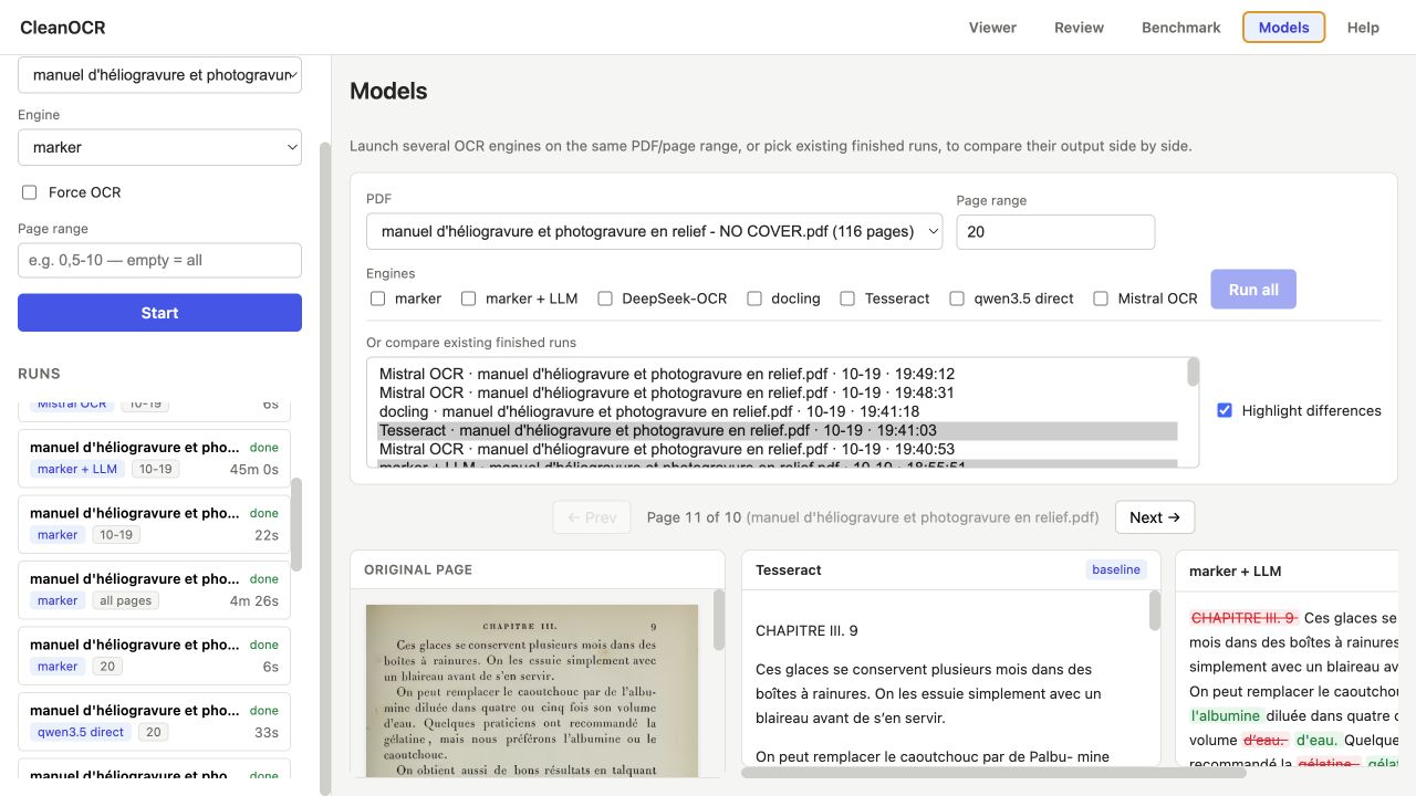 CleanOCR Models tab comparing Tesseract and marker plus local LLM output against the original scan