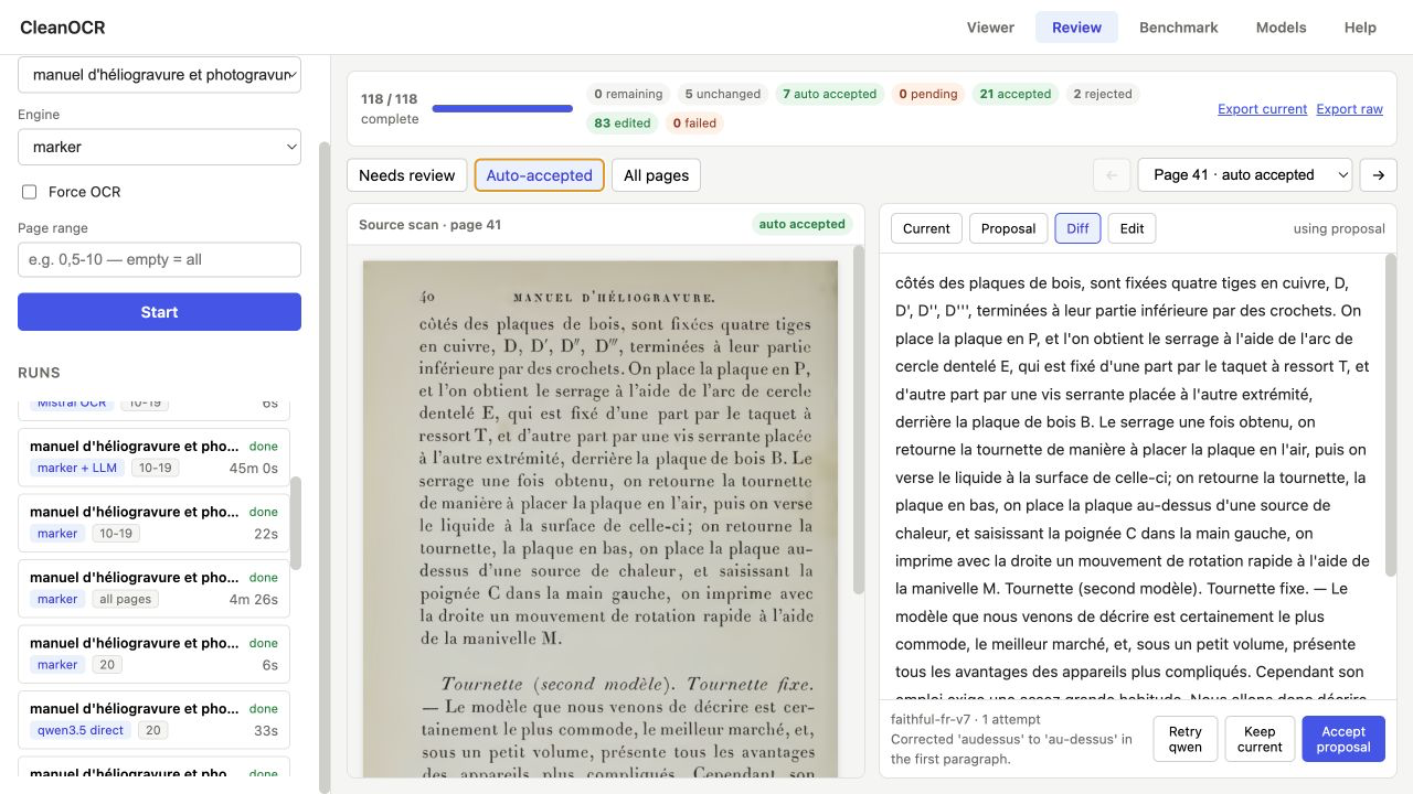 CleanOCR Review tab with a source scan, correction diff, page status, and accept or reject controls