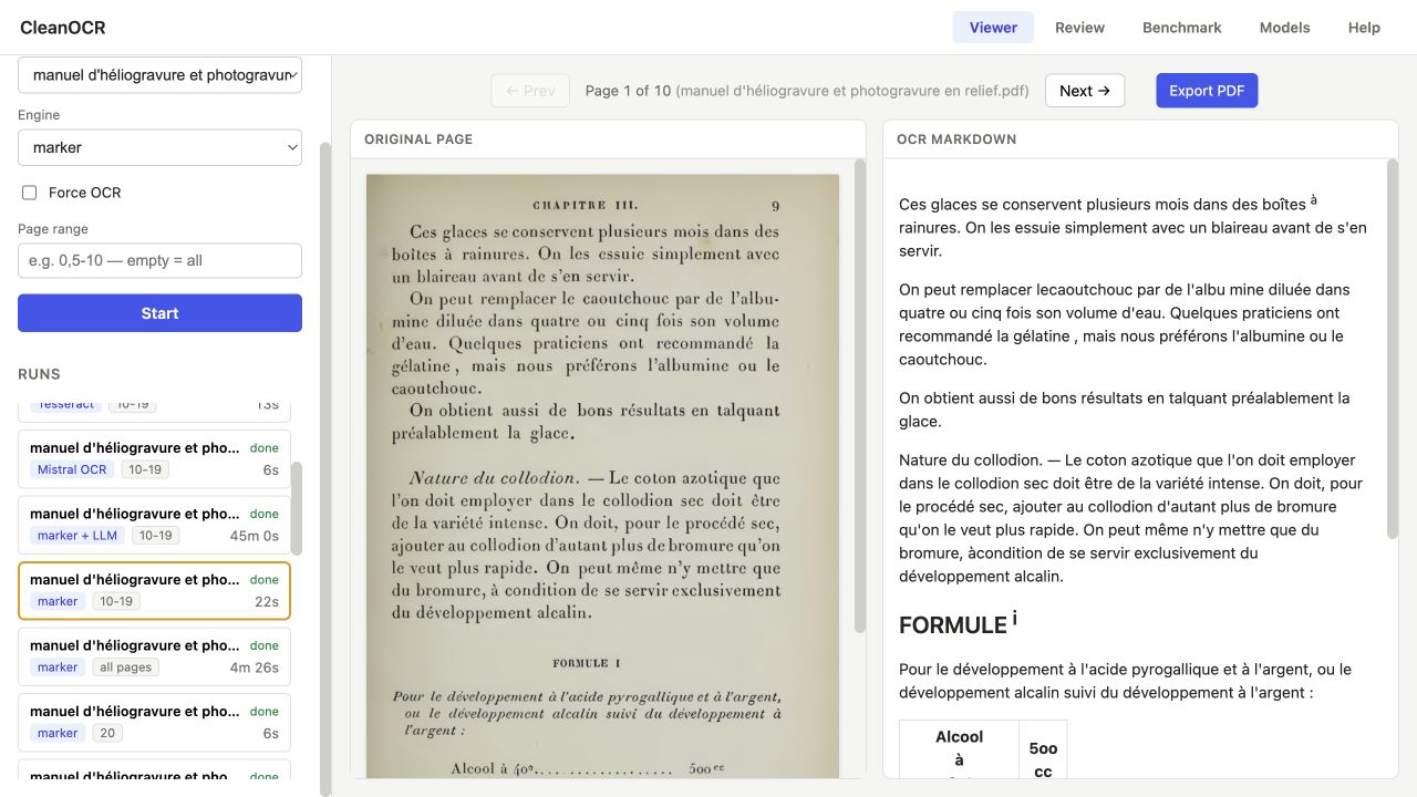CleanOCR Viewer showing an original 1890 French book scan beside its OCR text